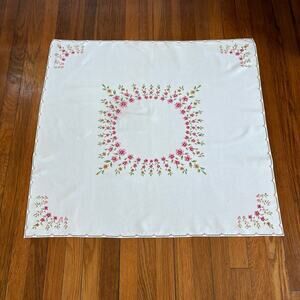 Vintage White Cotton Tablecloth 29x32 Floral Needlepoint Accents
